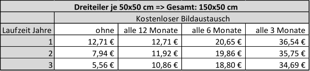 Laufzeit Jahre ohne alle 12 Monate alle 6 Monate alle 3 Monate 1 12,71 €                  12,71 €                  20,65 €                  36,54 €                  2 7,94 €                     11,92 €                  19,86 €                  35,75 €                  3 5,56 €                     10,86 €                  18,80 €                  34,69 €                  Kostenloser Bildaustausch Dreiteiler je 50x50 cm => Gesamt: 150x50 cm