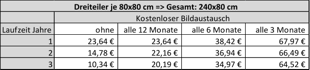 Laufzeit Jahre ohne alle 12 Monate alle 6 Monate alle 3 Monate 1 23,64 €                  23,64 €                  38,42 €                  67,97 €                  2 14,78 €                  22,16 €                  36,94 €                  66,49 €                  3 10,34 €                  20,19 €                  34,97 €                  64,52 €                  Kostenloser Bildaustausch Dreiteiler je 80x80 cm => Gesamt: 240x80 cm